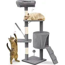 VOUNOT® Kratzbaum 112cm, Mehrstöckiger Katzenbaum mit Kratzsäulen Höhle, Grau