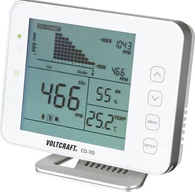 VOLTCRAFT CO-110 Kohlendioxid-Messgerät - Gasmelder mit LCD Anzeige für CO2, Temperatur und Luftfeuchtigkeit. Akustischer und visueller Alarm hilft, die Raumluftqualität zu verbessern und Gesundheitsrisiken zu minimieren.