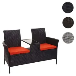 Poly-Rattan Sitzbank mit Tisch HWC-E24 - Gartenbank Sitzgruppe mit integriertem Tisch, wasserabweisenden Kissen und hohem Sitzkomfort - perfekt für entspannte Stunden auf Balkon oder Terrasse.