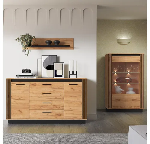 Lomadox Wohnzimmer-Set URBANIA-131 – Mega-Spar-Set mit Vitrine und Sideboard - Stilvolles 3-teiliges Wohnzimmer-Set in Eiche-Optik mit Beleuchtung. Ideal für modernes Wohnen, praktisch und elegant – Selbstmontage inklusive.