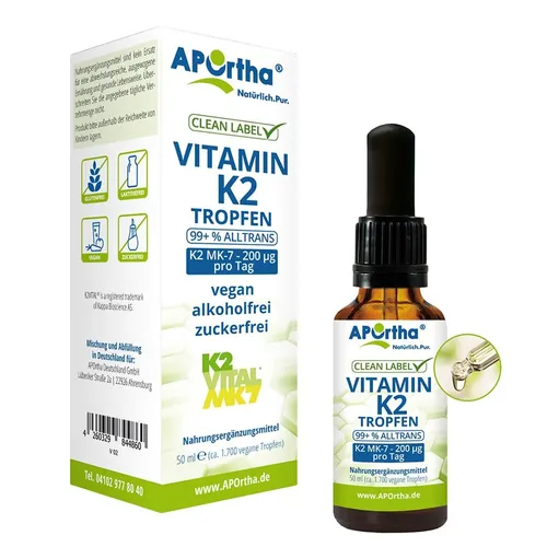 APOrtha® Vitamin K2 MK-7 Tropfen - 50 ml mit 200 µg pro Tagesdosis - Vitamine & Mineralien: Hochwertige Tropfen mit MCT-Öl, unterstützen die Knochengesundheit und das Herz-Kreislauf-System, hergestellt in Deutschland.