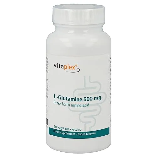 Vitaplex L-Glutamin Kapseln hochdosiert (500mg, 90 Tabletten) - Hochwertige Aminosäure für Fitness - Aminosäure L-Glutamin, hochdosiert mit 500mg pro Kapsel, unterstützt den Muskelaufbau und die Regeneration. Rein pflanzlich und von Kyowa, ideal für Sportler.