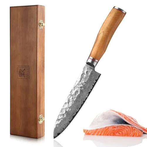 Zayiko Minami Premium Santokumesser 17,5 cm - Kochmesser aus 67 Lagen Damaststahl mit ergonomischem Olivenholzgriff, extrem scharf und ideal für präzise Schneidarbeiten in der Küche. Stilvolle Holzbox inklusive.
