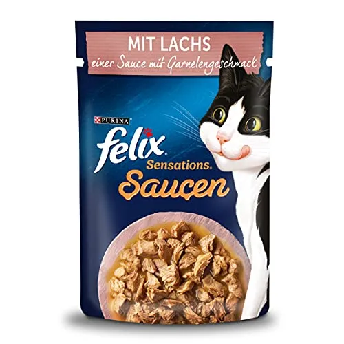 FELIX Sensations Saucen Katzenfutter mit Lachs und Garnelengeschmack - Beutelfutter für Katzen: Zarte Stückchen in schmackhafter Sauce, 100% komplett & ausgewogen, ohne künstliche Zusatzstoffe, für ein energiegeladenes Katzenleben.