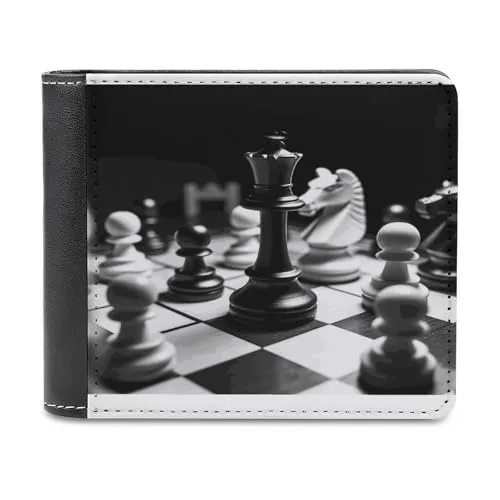 FWJZDSP Schachfiguren-Geldbörse in Schwarz und Weiß, großes Fassungsvermögen, schlankes Ledergeldbörsen-Kartenetui mit Ausweisfenster, zweifach faltbar für den täglichen Gebrauch