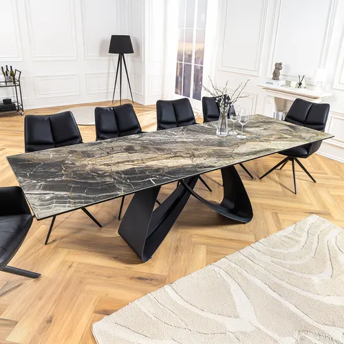 Riess Ambiente Esstisch INFINITY 180-260cm taupe/schwarz - Ausziehbarer Konferenztisch mit edler Marmor-Keramikplatte, ideal für 8-10 Personen – modern, stabil und pflegeleicht.