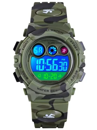 Alienwork Seven-Color LED Digital Kinderuhr Jungen Mädchen Camouflage grün Kautschuk-Armband Kalender Armeegrün Chronograph Sportlich Multi-Funktion