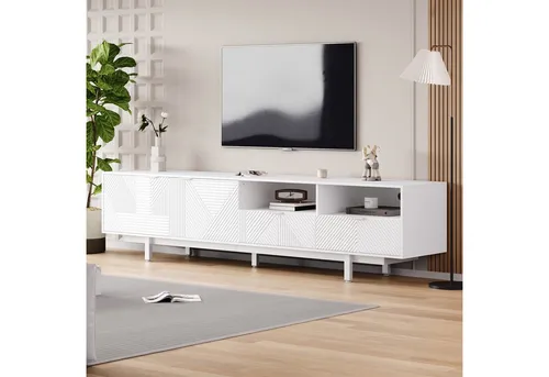 Okwish TV-Schrank Weiß, 200x51x41 cm, Modernes Design - Eleganter TV-Schrank in Weiß mit modernem geometrischem Liniendesign. Bietet großzügigen Stauraum mit 2 Türen und offenen Regalen, ideal für TV und Mediageräte. Aus robustem Spanholz, pflegeleicht und stilvoll für Ihr Wohnzimmer.