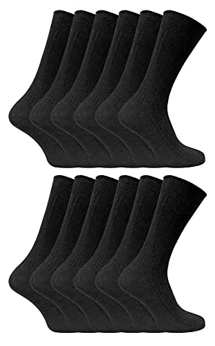 12er Pack Herren 100% Baumwolle Socken | Sock Snob | Atmungsaktive und Weiche Gerippte Schwarz Socken (46-50, Schwarz)