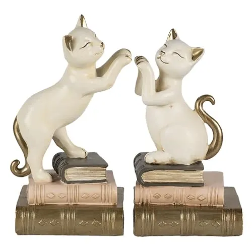 Buchstütze Buchhalter Katze Weiss (2er Set) aus Polyresin - Deko Buchstützen Katzen, Bücher Regal Dekoration