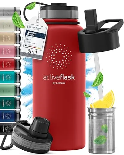 Produktbild Trinkflasche Edelstahl ACTIVE FLASK + Strohhalm (3 Deckel) BPA-frei, Auslaufsicher, Kohlensäure geeignet