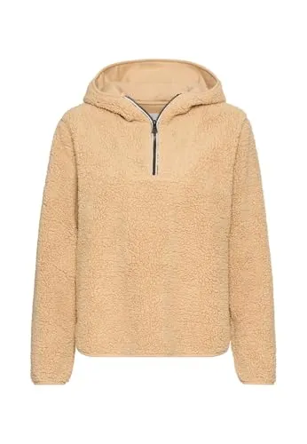 camel active Damen Kapuzenpullover aus Teddyfleece Karamell - Stylischer Pullover für Damen aus weichem Teddyfleece mit halbem Reißverschluss und Kapuze, ideal für gemütliche Tage.