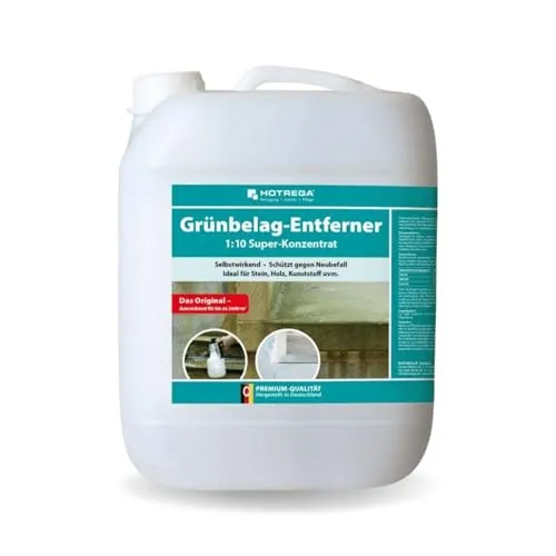 HOTREGA Grünbelagentferner - 10 Liter Großgebinde, entfernt effektiv Algen von Stein, Holz, Kunststoff und Keramik ohne Schrubben und schützt bis zu einem Jahr vor Neuverschmutzung
