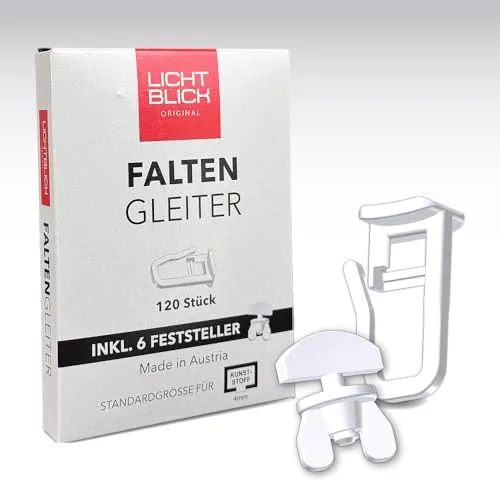 Lichtblick Faltengleiter 120 Stück + 6 Feststeller – für Gardinenschienen – sauberer Faltenwurf, leises Gleiten – weiß