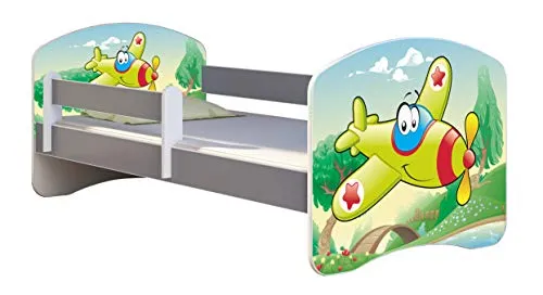 ACMA Kinderbett Jugendbett mit Einer Schublade und Matratze Grau mit Rausfallschutz Lattenrost II (29 Flugzeug, 140x70)