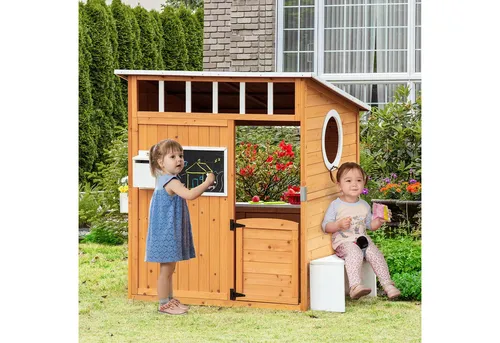 Outsunny Spielhaus für Kinder aus Holz mit Fenster und Briefkasten - Spielplätze für Kinder von 3-8 Jahren, aus robustem Tannenholz mit 3 Fenstern für kreatives Spielen und Outdoor-Spaß.
