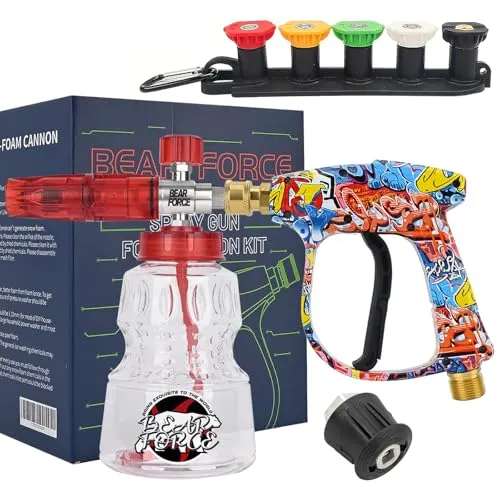 BEAR FORCE Hochdruckreiniger-Spritzpistole M22- ID14 mm mit 6,35mm Schnellanschluss Schneeschaumlanze & 5 Spruhspitzen & Clip-Dusenhalter & Konverter, Autowasche, fuir Karcher K1 K2 K3 K4 K5 K6 K7