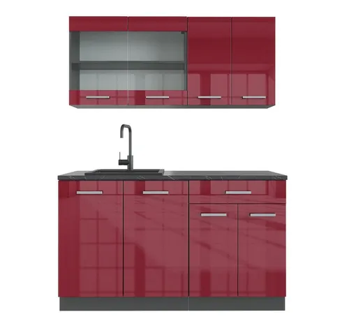 Vicco Singleküche R-Line, Bordeaux Hochglanz/Anthrazit, 140 cm - Küchenzeile in modernem Design, modular erweiterbar und höhenverstellbar für individuelle Anpassungen, ideal für kleine Räume.