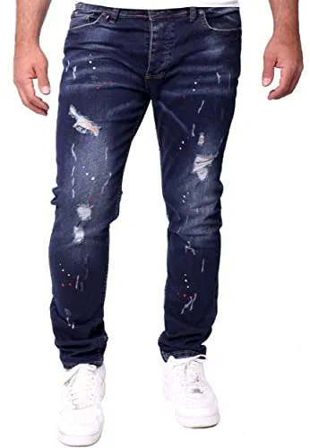 Reslad Herren Jeans Color-Splashes Stretch Denim Slim Fit RS-2101 Dunkelblau W33/L32 - Stylische Slim Fit Jeans für Herren aus elastischem Denim mit Farbveredelung, ideal für einen modernen Freizeitlook. Hoher Tragekomfort und vielseitig kombinierbar.