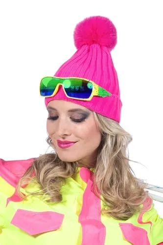 WILBERS & WILBERS 51067 - Gestrickte Mütze mit Bommel, Neon Pink, Skimütze, für Karneval, Mottopartys, Apres Ski