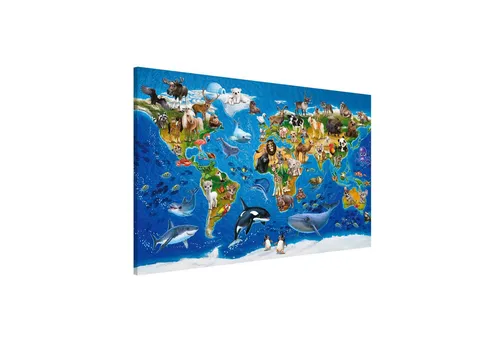 Bilderdepot24 Magnettafel Kinder bunt Weltkarte mit Tieren, (1-tlg., Magnetboard Pinnwand für die Wand - metallische Tafel für Magnete), Magnetwand groß mit Motiv Kinderzimmer Memoboard magnetisch Querformat