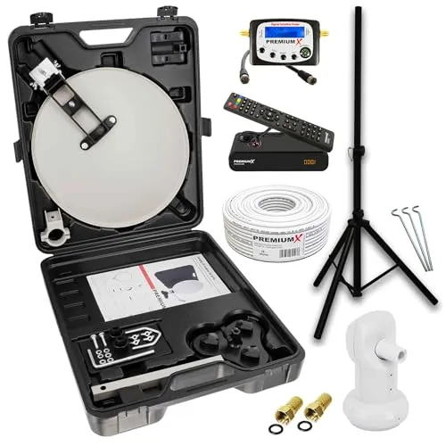 PremiumX Mobile Camping SAT Anlage - SAT-Antenne mit wettergeschütztem LNB für hohe Signalqualität, inklusive 10m Kabel, Satellitenfinder und stabilem Stativ – ideal für Camping und Outdoor.