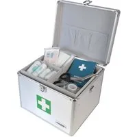 HMF Erste-Hilfe-Koffer 14702-09 Alu Medizinkoffer - Erste Hilfe Koffer mit Tragegriff, robust aus Aluminium, ideal für Notfälle und unterwegs. Maße: 30 x 25 x 25 cm, entspricht DIN 4844/E003.