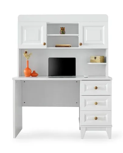 Moderner Luxus Schreibtisch für Jugend- und Kinderzimmer - Eleganter Stehschreibtisch in Weiß mit 3 Schubladen und Regalen. Ideal für kreative Räume, bietet viel Stauraum und ein stylisches Design.