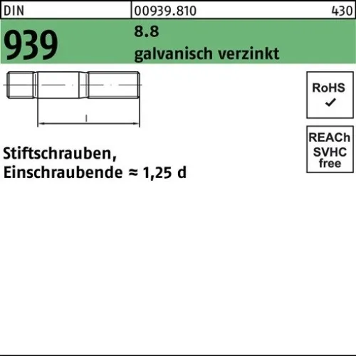 50er PACK(Stk) 000939081000080030 Stiftschraube DIN 939 M 8 x 30 8,8 galvanisch