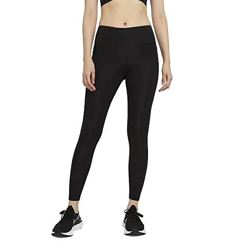 Nike Damen Df Fast Leggings - Schwarz mit Reflective Silver, Größe XS EU - Tights mit Dri-FIT-Technologie für trockenen Tragekomfort, verstellbare Passform durch Kordelzug und optimale Bewegungsfreiheit dank dreieckigem Einsatz.