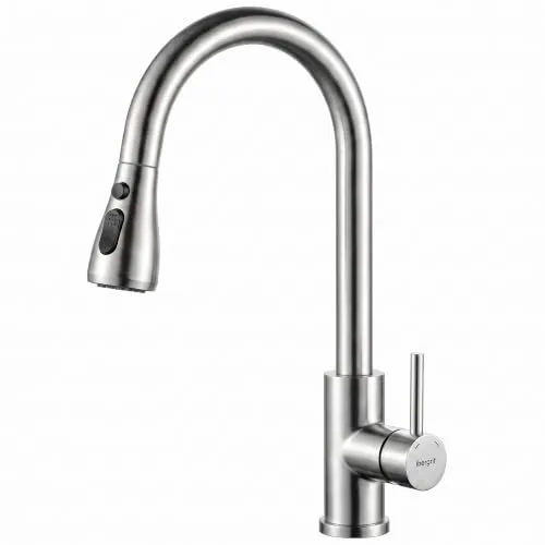 Ibergrif Kitchen Tap, Pull Out Sprayer Kitchen Mixer Tap, Brushed Nickel | 360° Swivel Kitchen Sink Tap with Single Handle & High Arc Design, Stainless Steel Faucet for Easy Cleaning