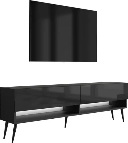 TV-Lowboard 170 cm Mattschwarz / Hochglanzschwarz, schwarze schräge Beine, weiße LED, 170 × 32 × 52 cm