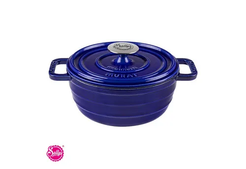 Sallys Gusseisentopf Medium - Royal Blue Majolika mit Kochheft - Robuster Gusseisentopf für gleichmäßiges Kochen und Schmorgerichte, hitzebeständig bis 250 °C, ideal für saftige Braten und Eintöpfe, 2,2 Liter Fassungsvermögen.