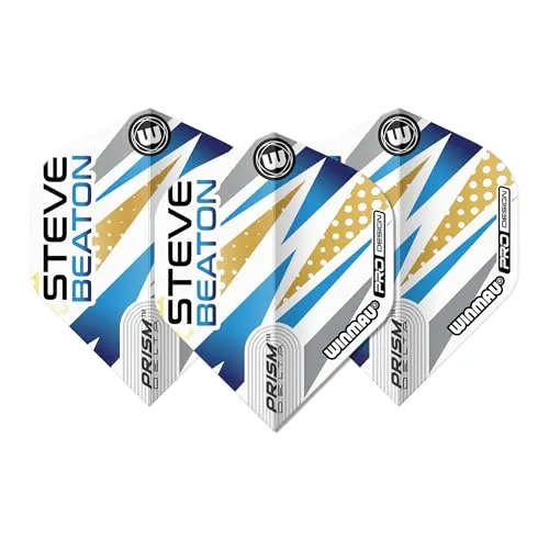 WINMAU Dart Flight - Professioneller Spieler - Prism Delta Steve Beaton Extra Thick 100 Micron - 1 Satz pro Packung (insgesamt 3 Dart-Flights) - Professionelles Dart Zubehör - Weiß, Blau & Gold Flüge