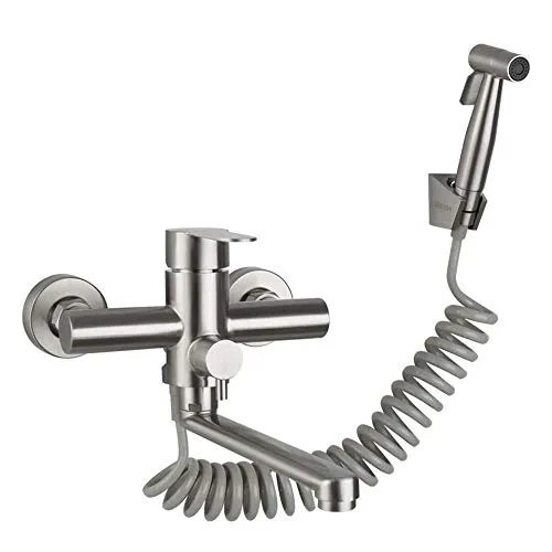 Wandarmatur mit Handbrause Küchenspüle Küchenarmatur Wasserhahn Edelstahl Heiß/Kaltwasser Waschwanne Drehbar (Gebürstet)