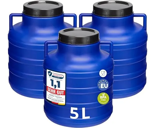 Garronda Set 3x 5 Liter Weithalsfass BPA-frei Futtertonne Fass Universalfass Lebensmittel Fass Regenfass für Garten Regentonne mit Deckel Regenwassertonne für Garten Wassertonne GD-0125, Blau