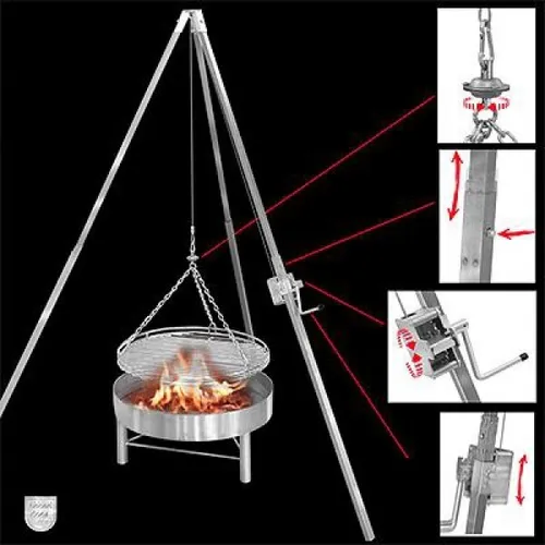 Edelstahl Schwenkgrill Dreibeingrill 70 cm - Freistehender Gartengrill aus poliertem Edelstahl, ideal für Grillabende im Freien mit Holz- und Kohlebetrieb.