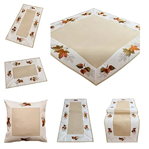 Tischdecke Tischläufer Mitteldecke beige bunt schicke Herbst Stickerei mit Blättern (35 x 50 cm)