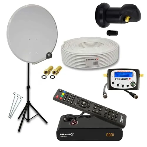 Premium X Camping Komplett HD SAT Anlage - SAT-Antennen für Wohnwagen und Balkon mit HDTV Satreceiver, inklusive Satellitenfinder und einfachem Transport. Ideal für den Empfang aller frei empfangbaren HDTV-Programme.