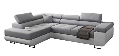 Ecksofa Miami mit Schlaffunktion - L-Form Couch mit Bettkasten, hellgrau und schwarzem Kunstleder, ideal für Gästeübernachtungen