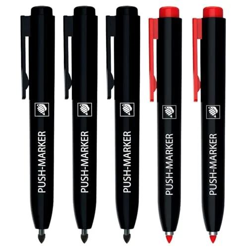 EXPERT Push-Marker 5er Set | Wasserfeste Markierer mit Klick-Technologie | Schnelltrocknend & nachfüllbar | Druckknopf für Einhandbedienung | Permanent Marker Stift für glatte & raue Oberflächen
