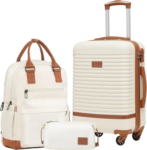 COOLIFE Koffer Trolley Handgepäck-Set 3tlg Weiß/Braun