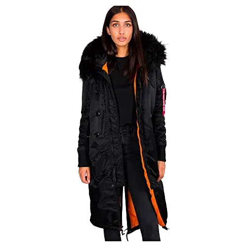 Alpha Industries Damen Long Fishtail Wmn Winterjacke, Schwarz, M - Funktionsjacke für Damen mit abnehmbaren Kunstfell, ideal für kalte Tage. Verstellbare Kapuzen- und Saumweite für optimalen Komfort.
