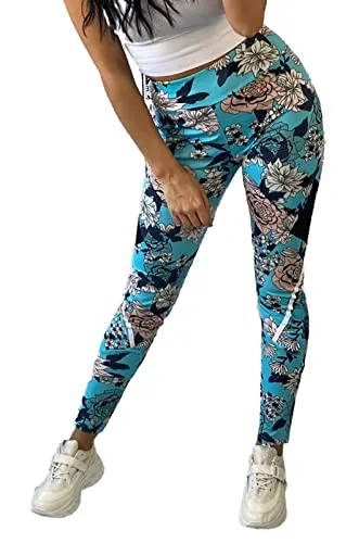 Holala Damen Sport Leggings Super Stretch Fitness Hose Skinny Yoga Pants Treggings Elastic Waist mit Blumen Druck, Farben:Blau, Größe:XL-XXL