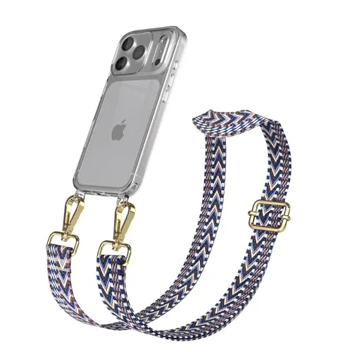 EAZY CASE Handykette - Verstellbares Taschenband kompatibel mit iPhone 17 Pro, Schulterriemen, Handykordel mit Silikon Hülle, Umhängetasche, Blau Weiß Gold