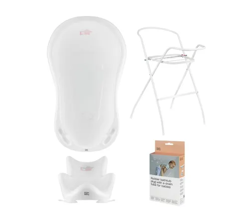 Hylat Baby Babybadewanne Badewannen-Set mit TÜV – Wanne, Sitz, Ständer, Ablauf, 4-tlg. Baby Bade-Set mit TÜV & Ablauf, Friends - Weiß