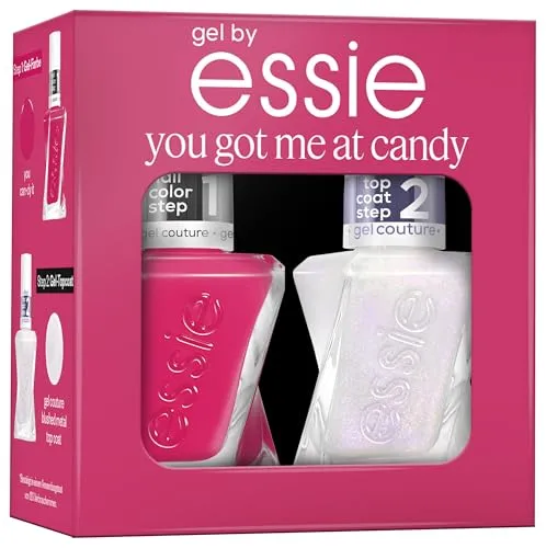 gel by essie you got me at candy, Set mit pinkem Gel-Lack you can-dy it und gel couture blushed metal top coat für bis zu 15 Tage Halt