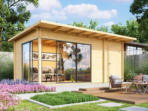 Fjordholz Gartenhaus Modell Starla 70 B Premium - Hochwertiges Gartenhaus aus 70mm starken Wandbohlen aus nordischer Fichte. Mit stabiler Dachkonstruktion und isolierverglasten Schiebetüren, ideal für individuelle Gestaltungsmöglichkeiten.