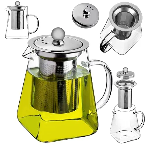 KADAX Teekanne aus hitzebeständigem Borosilikatglas 650ml, Glasteekanne mit herausnehmbarem Sieb aus Edelstahl, Kanne aus Glas mit Siebeinsatz für losen Tee