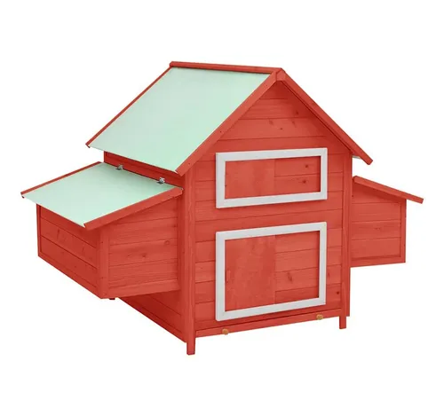 furnicato Hühnerstall aus Massivholz 150 x 96 x 110 cm in Rot und Weiß